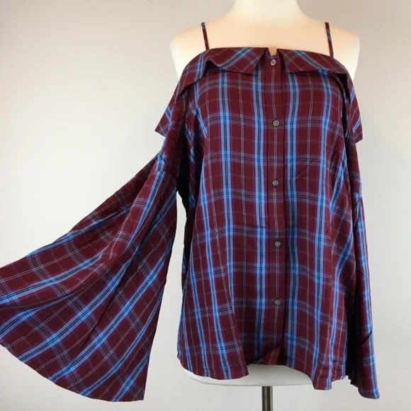 NWT Loft Cold Shoulder Plaid Top Size XL 🌸 - Picture 2 of 6
